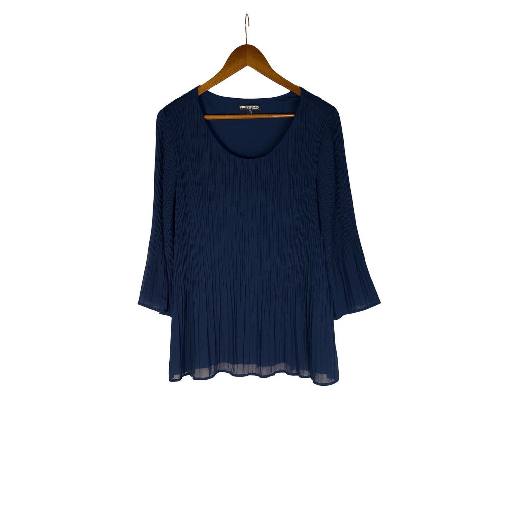 Navy Pleated Blouse With Flounce Sleeves | Flowy Lightweight Top | Dressy Work O